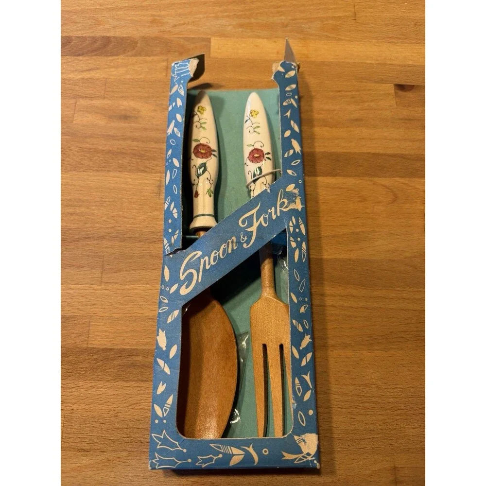 Vintage Salad Server Set Wood White Design Handle Fork &Spoon Hakusan Japan NIB